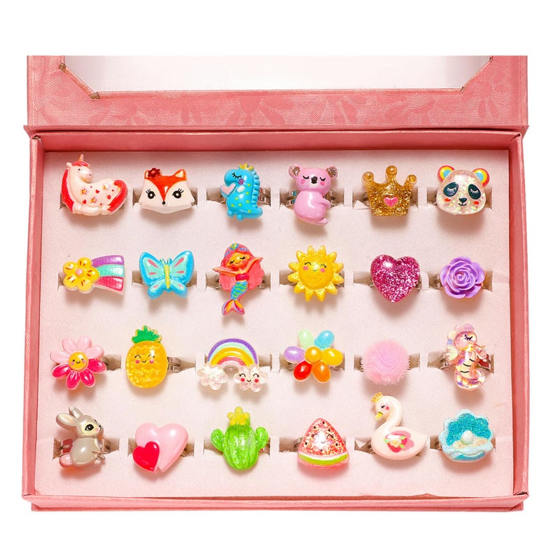 PinkSheep Little Girl Jewel Rings in Heart Box, Adjustable, Girl Gift Pretend Play and Dress Up Rings (Bling) - Image 1